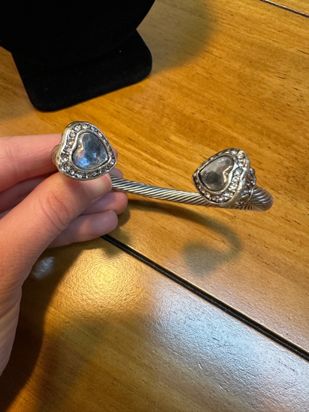 Silver Heart Cable Cuff Bracelet with Clear Crystal Hearts